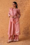 Pouli Pret_Pink Chanderi, Organza Embroidery, Zari Round Neck Kurta Set _Online_at_Aza_Fashions
