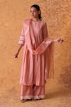 Buy_Pouli Pret_Pink Chanderi, Organza Embroidery, Zari Round Neck Kurta Set _at_Aza_Fashions