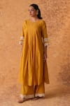 Pouli Pret_Yellow Chanderi, Organza Lace, Zari, Embroidery Round Neck Work Kurta Set _at_Aza_Fashions