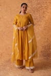 Shop_Pouli Pret_Yellow Chanderi, Organza Lace, Zari, Embroidery Round Neck Work Kurta Set 