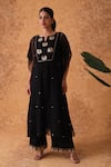 Buy_Pouli Pret_Black Georgette Embroidery, Zari Round Neck Zardozi Kaftan And Pant Set _at_Aza_Fashions