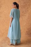 Shop_Pouli Pret_Blue Georgette Zari, Embroidery Round Neck Zardozi Kaftan And Pant Set _at_Aza_Fashions