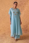 Shop_Pouli Pret_Blue Georgette Zari, Embroidery Round Neck Zardozi Kaftan And Pant Set _Online_at_Aza_Fashions