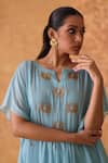 Pouli Pret_Blue Georgette Zari, Embroidery Round Neck Zardozi Kaftan And Pant Set _at_Aza_Fashions