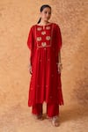 Pouli Pret_Red Georgette Embroidery, Zari Round Neck Zardozi Kaftan And Pant Set _Online_at_Aza_Fashions