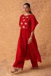 Pouli Pret_Red Georgette Embroidery, Zari Round Neck Zardozi Kaftan And Pant Set _at_Aza_Fashions
