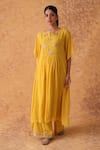 Buy_Pouli Pret_Yellow Georgette Sequins, Zari Keyhole Neck Designer Zardozi Kaftan And Pant Set _at_Aza_Fashions