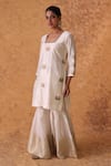 Shop_Pouli Pret_Ivory Chanderi, Organza Zari, Embroidery Square Neck Zardozi Kurta Set _Online_at_Aza_Fashions