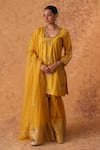 Buy_Pouli Pret_Yellow Chanderi, Organza Zari, Embroidery Square Neck Zardozi Kurta Gharara Set _at_Aza_Fashions