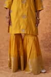Pouli Pret_Yellow Chanderi, Organza Zari, Embroidery Square Neck Zardozi Kurta Gharara Set _at_Aza_Fashions