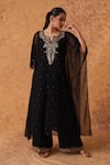 Buy_Pouli Pret_Black Georgette Embroidery, Zari Split V-neck Zardozi Kaftan And Pant Set _at_Aza_Fashions