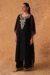 Shop_Pouli Pret_Black Georgette Embroidery, Zari Split V-neck Zardozi Kaftan And Pant Set _Online_at_Aza_Fashions