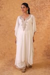 Buy_Pouli Pret_Ivory Georgette Sequins, Zari Split V-neck Zardozi Kaftan And Pant Set _at_Aza_Fashions