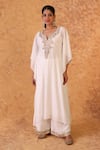 Buy_Pouli Pret_Ivory Georgette Sequins, Zari Split V-neck Zardozi Kaftan And Pant Set _Online_at_Aza_Fashions