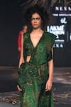 Shop_Til_Green Silk Plunge Neck Freckle Pre-draped Saree With Blouse _at_Aza_Fashions