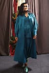 Shop_Til_Blue Cotton, Silk Teal Designer Trench Coat _at_Aza_Fashions