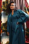 Til_Blue Cotton, Silk Teal Designer Trench Coat _Online_at_Aza_Fashions