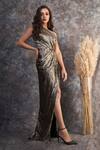 Buy_Pooja Peshoria_Gold Polyester, Crepe One Shoulder And Black Designer Dress _Online_at_Aza_Fashions