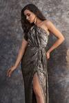 Shop_Pooja Peshoria_Gold Polyester, Crepe One Shoulder And Black Designer Dress _Online_at_Aza_Fashions
