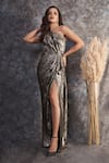 Pooja Peshoria_Gold Polyester, Crepe One Shoulder And Black Designer Dress _at_Aza_Fashions
