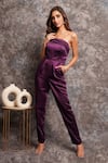 Buy_Pooja Peshoria_Purple Polyester, Satin Beads Off-shoulder Designer Jumpsuit _at_Aza_Fashions