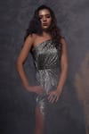 Buy_Pooja Peshoria_Black Polyester, Knit, Satin One Shoulder Metallic Dress _Online_at_Aza_Fashions