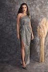 Buy_Pooja Peshoria_Black Polyester, Knit, Satin One Shoulder Metallic Dress _at_Aza_Fashions