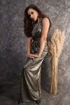 Buy_Pooja Peshoria_Black Polyester, Knit, Satin One Shoulder Metallic Dress 