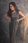 Shop_Pooja Peshoria_Black Polyester, Knit, Satin One Shoulder Metallic Dress 