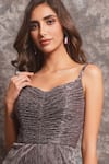 Pooja Peshoria_Mauve Polyester, Knit Sweetheart Neck Shimmering Jumpsuit _at_Aza_Fashions