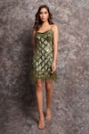 Pooja Peshoria_Olive Green Knit Fringe, Sequins Scoop Neck Dress _Online_at_Aza_Fashions
