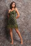 Pooja Peshoria_Olive Green Knit Fringe, Sequins Scoop Neck Dress _at_Aza_Fashions
