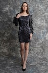 Pooja Peshoria_Black Polyester Ruffles Round Neck Sequin Sleeve Dress _at_Aza_Fashions
