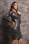 Pooja Peshoria_Black Knit Chains, Beads V-neck Shiny Dress With Embellished Sleeves _Online_at_Aza_Fashions