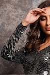 Buy_Pooja Peshoria_Black Knit Chains, Beads V-neck Shiny Dress With Embellished Sleeves _Online_at_Aza_Fashions