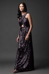 Buy_Pooja Peshoria_Purple Georgette Sequins Open Neck Brinjal Designer Dress _Online_at_Aza_Fashions