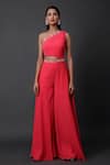 Shop_Pooja Peshoria_Pink Georgette Embroidery One Shoulder Designer Blended Jumpsuit _Online_at_Aza_Fashions