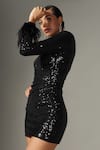 Pooja Peshoria_Black Feathers Asymmetric Sequin One-shoulder Dress _at_Aza_Fashions