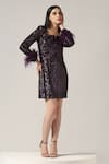 Pooja Peshoria_Purple Polyester Feathers Square Neck Brinjal Sequin Dress _Online_at_Aza_Fashions