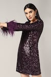 Buy_Pooja Peshoria_Purple Polyester Feathers Square Neck Brinjal Sequin Dress 