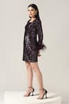 Pooja Peshoria_Purple Polyester Feathers Square Neck Brinjal Sequin Dress _Online