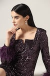 Buy_Pooja Peshoria_Purple Polyester Feathers Square Neck Brinjal Sequin Dress _Online