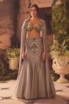 Buy_Roqa_Gray Net, Organza Beads, Sequins, Embroidery Designer Emerald Cape And Skirt Set _at_Aza_Fashions