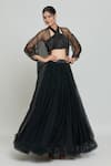 Samyukta Singhania_Black Net, Organza, Crepe, Hand Embellished Ruched Blouse Lehenga Set _at_Aza_Fashions