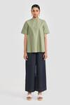 Buy_PERONA_Green Cotton Mandarin Collar Sage Designer Shirt _Online_at_Aza_Fashions