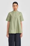 Buy_PERONA_Green Cotton Mandarin Collar Sage Designer Shirt _at_Aza_Fashions