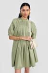 PERONA_Green Cotton Round Neck Sage Designer Dress _Online_at_Aza_Fashions