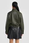 Shop_PERONA_Olive Green Leather High Neck Lamb Designer Jacket _at_Aza_Fashions