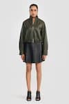 Buy_PERONA_Olive Green Leather High Neck Lamb Designer Jacket _at_Aza_Fashions