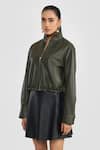 Buy_PERONA_Olive Green Leather High Neck Lamb Designer Jacket _Online_at_Aza_Fashions